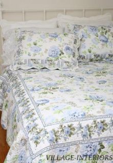 Ava French Country Chic Shabby Blue Rose Twin Quilt Set