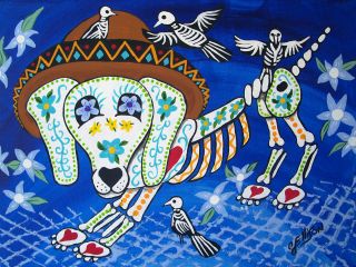 Print Folk Art Mexican Day of The Dead Dog Birds Skeleton Painting 