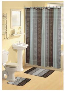   Brown Cream Green Greek Key Shower Curtain Bathroom Bath Rug 15 Pc Set