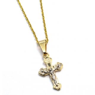 Gold 18K GF Two Tone Chain Cross Pendant Necklace Crucifix Kids Child 
