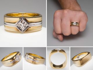 Mens Genuine Diamond Wedding Band Ring Two Tone Solid 14k Gold Estate 