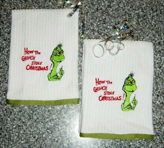   Grinch Stole Christmas Towels Embroidered White Bar Mop Towel Set of 2