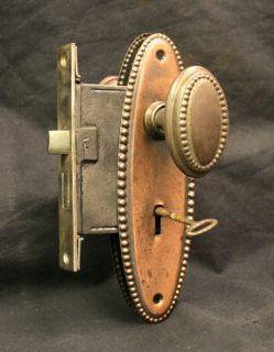 Antique Oval Beaded Door Hardware Lockset Set Iron Knob Handle Plate 
