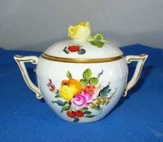 Herend Fruits Flowers Handled Covered Sugar Bowl with Rose Finial 666 