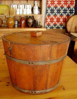 Antique Wooden Staved Bucket Apple Jelly Pail w Lid and Handle Carrier 