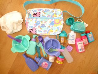 Baby Doll Diaper Bag Accessories Bottle Dishes Lot C
