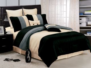 8PC Black Beige Stripe Comforter Set Bed in A Bag Queen