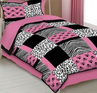 A17C Pink Black White Skulls Zebra Comforter Bedding Set w Bedskirt 