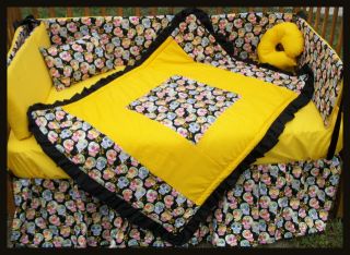 New Black Yellow Sugar Skulls Crib Bedding Set Fabrics