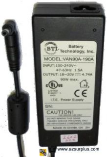Battery Technology VAN90A 190A AC ADAPTER 18   20V 4.74A 90W Lap