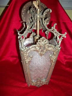 ANTIQUE METAL SINGLE LIGHT LANTERN STYLE CHANDELIER WITH GLASS PANELS