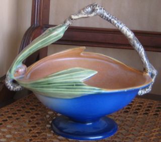 Rare Roseville Pottery Pinecone Basket Vase Blue Background Branch 