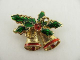 Vintage Jewelry Gold Enamel Holly Christmas Bell Pin Brooch Estate 