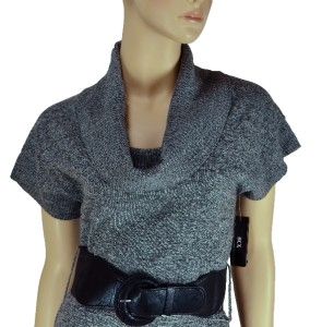 BCX Womens Grey Cowl Neck Belted Short Sleeve Sweater Dress Size M 