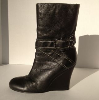 BCBG Paris ~ Womens 9 / 39 ~ Black Leather Mid Calf Boots~4 Wedge 
