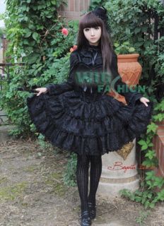 Fantasy Gothic Lolita Black Lace Ruffled Spaghetti Strap Costume Dress 
