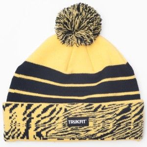New Famous TRUKFIT Brand Pom Beenie Black Yellow Hat Zebra Stripes 
