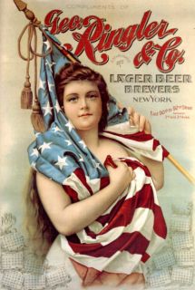 LARGER BEER GIRL AMERICAN FLAG RINGLER NEW YORK VINTAGE POSTER REPRO 