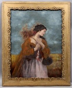 Original Antique Italian Oil Painting Beautiful Farm Girl Collecting 