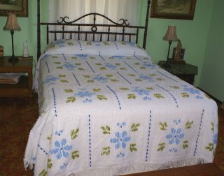 Vintage White Chenille Bedspread Blue Green Design Cutter Repair or 
