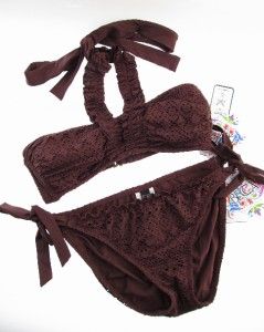 124 S   Becca Open Minded Crochet Ruffle Bandeau Bikini Swim Suit 