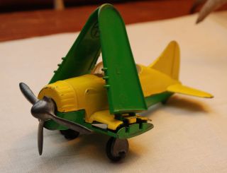 Vintage HUBLEY toy airplane Yellow Green hinged wings retractable gear 