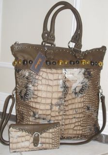 New Large Bellerose Quality Studded Floral Embossed Convertible Bag 