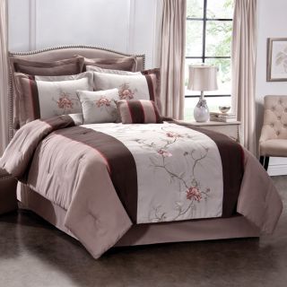   Khaki Embroidery Floral Queen King 8PC Comforter Bedding Set
