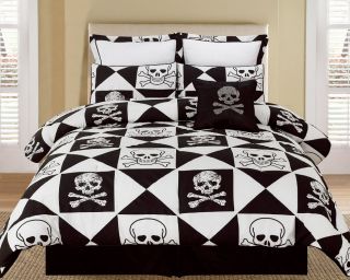 4pcs Black White Bone Skull Comforter Bed in a Bag Set Twin New