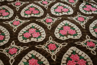 Vint Unusual Chenille Bedspread Dark Brown White Hearts Pink Flowers 
