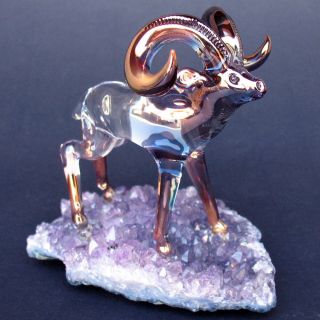 Bighorn Sheep RAM Figurine Glass Amethyst Crystal Gold