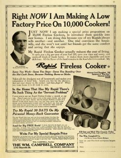 1919 Ad William Campbell Co Rapids Fireless Cooker Aluminum Cookware 
