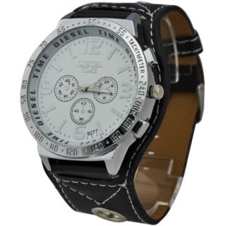    White Great Dial Mens Big Face Quartz Leatheroid Wrist Watch Watches