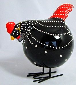 Rooster Rocking Black + White Figurine Ceramic Handpainted NEW