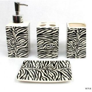 Bath Accessory Set 4 PC Black White Zebra Animal Print Bathroom Vanity 