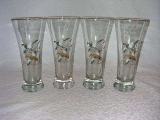 Vintage Jerry Raedeke Mallard Ducks Pilsner Beer Glasses w Gold Trim 