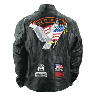   Black Leather Motorcycle Biker Cruiser Jacket Coat Patches
