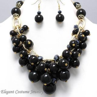   Statement Chunky Pearl Black Gold Necklace Set Elegant Costume Jewelry