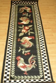 New Rug Avalon Black 2x7 Roosters Chicken Hall Runner