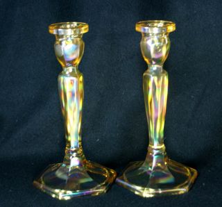 Antique Fenton Scarce Amber Florentine Carnival Glass Candleholders 