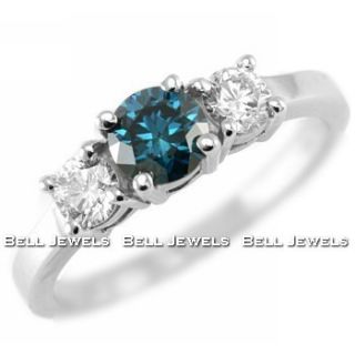 33ct VS1 Fancy Blue Diamond Three 3 Stone Engagement Ring 14k White 
