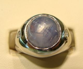 Mens 14k White Gold Diamond Blue Star Sapphire Ring