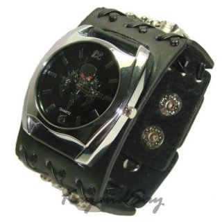 K019 Black Skull Leather Wrist Watch Hand Cuff Bracelet