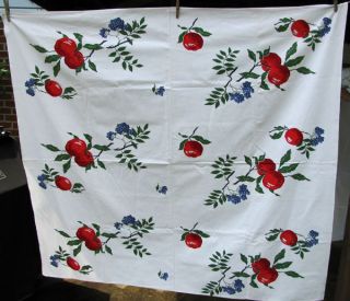   Cotton Linen Tablecloth big 3 apples and blueberry branches, unused