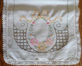   Linen Hand Embroidered Table Runner 12 x 37 Hand Crocheted Lace Edge