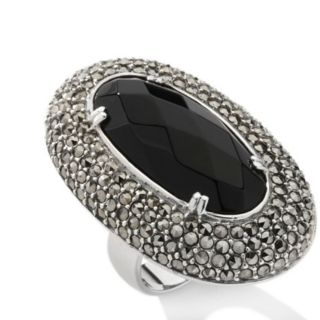   SOLD OUT Black Onyx Marcasite Sterling Silver Faceted Oval Ring 10 70