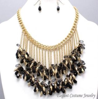   Black Gold Charm Statement Necklace Set Chunky Costume Jewelry