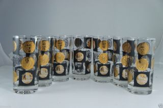 Vintage Water Juice Ice Tea Glasses Black Gold Coins Pattern Set of 7 