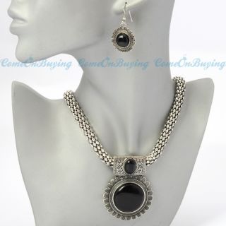   Chain Circle Black Stone Beads Pendant Earrings Necklace Sets