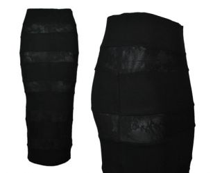 New Womens Black River Island Lace Panel MIDI Tube Bodycon Skirt RRP 